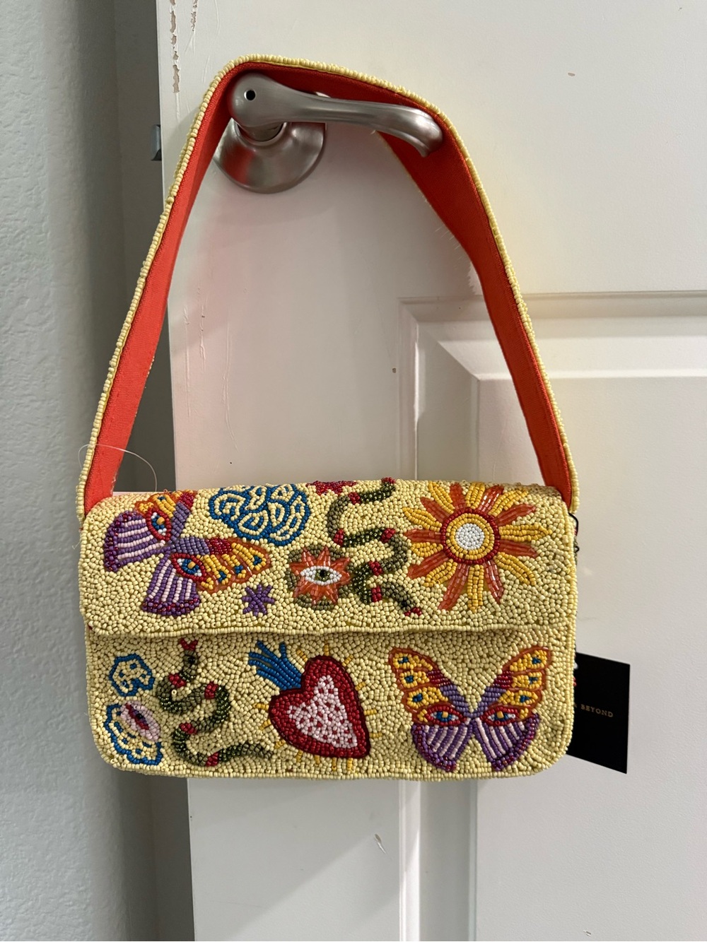 Beaded Yellow Floral & Butterfly Shoulder Bag with Orange Strap